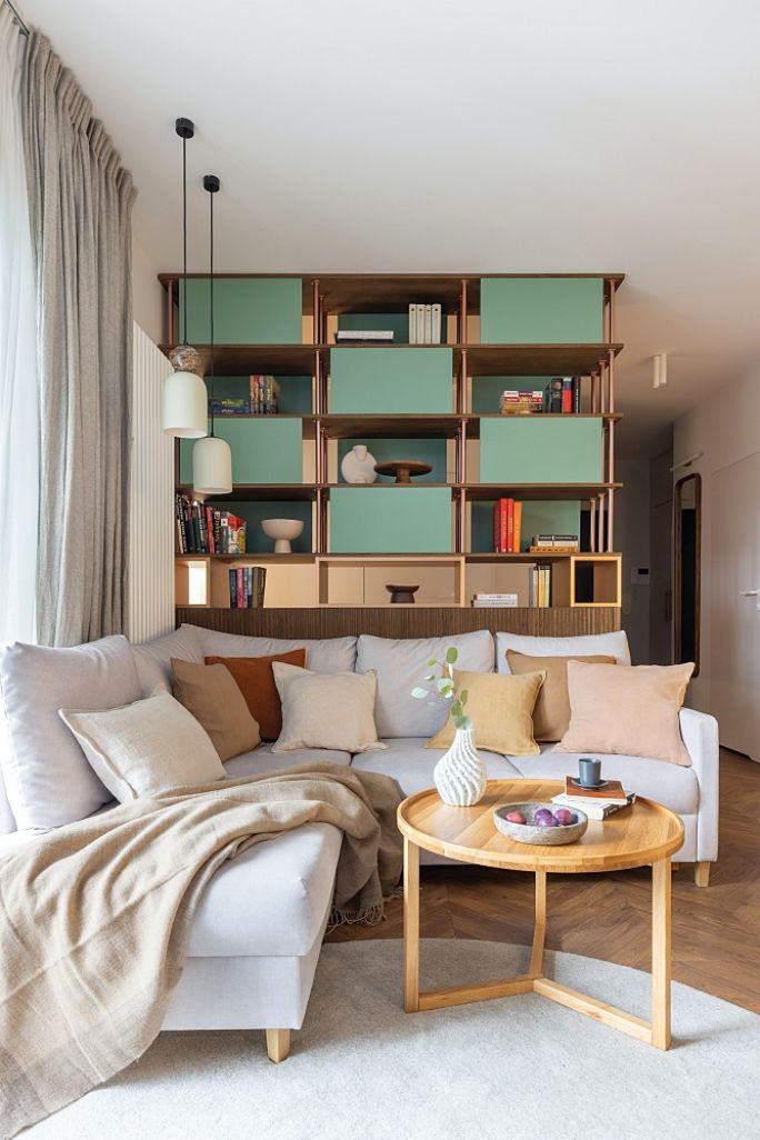 mieszkanie 53 m2 urządzone w zieleni i błękicie