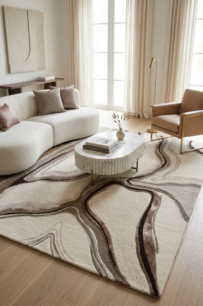 Beżowy dywan wełniany Carpet Decor Lava w jasnym salonie z kremową sofą