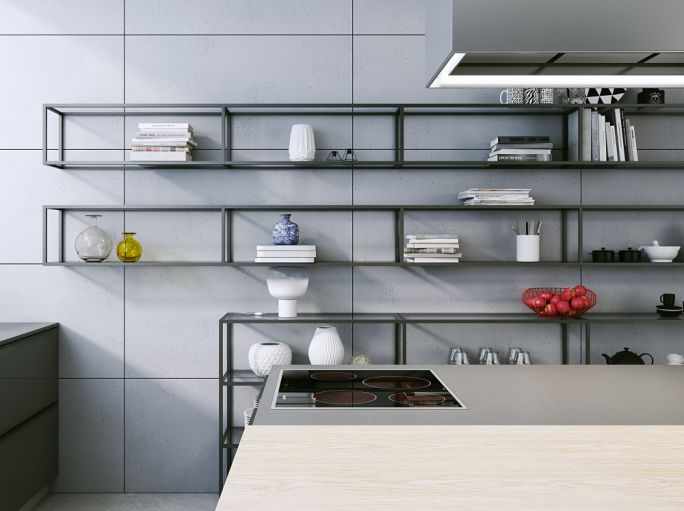 półki IQube w kuchni otwartej na salon