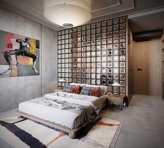 sypialnia ze ścianą z luksferów