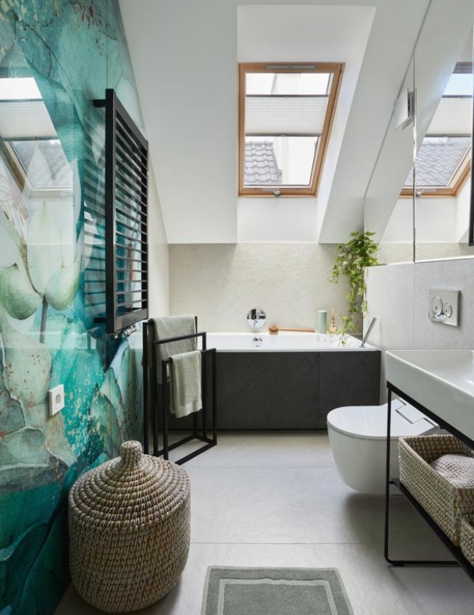 szara łazienka zielone dodatki