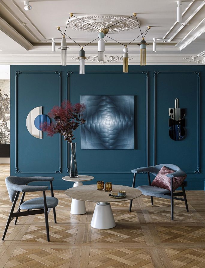 elegancki salon z turkusową ścianą