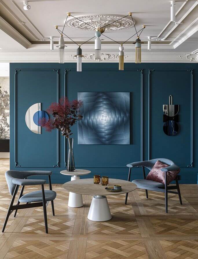 elegancki salon z turkusową ścianą