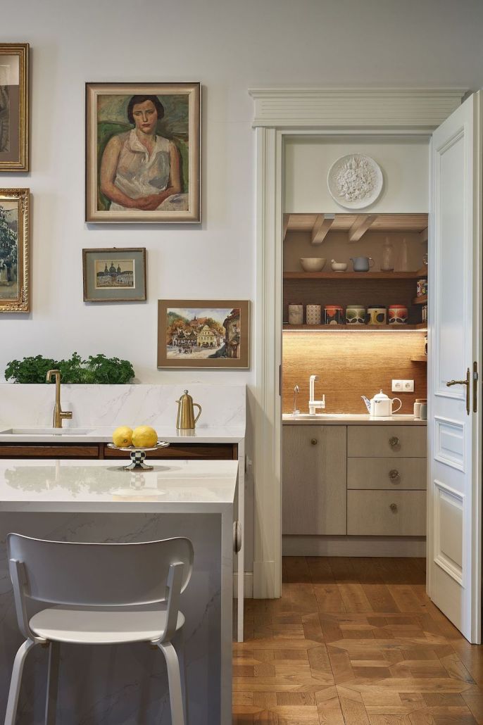 kuchnia i spiżarnia w eklektycznym mieszkaniu w kamienicy