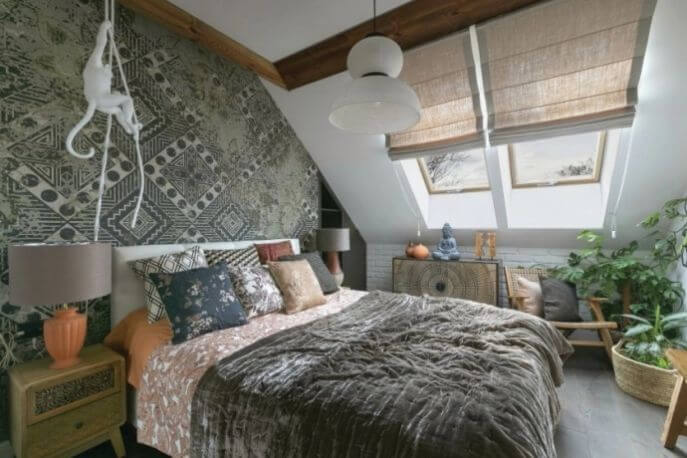 aranżacje okna w sypialni styl boho