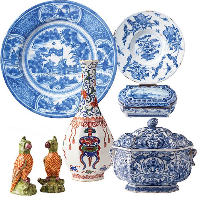 Od lewej: duży talerz ze scenkami rodzajowymi, 1660-1680 r., mały talerz zdobiony stylizowanymi motywami roślin i