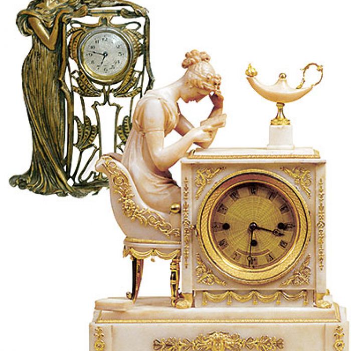 Zegar stojący w secesyjnej stylizowanej obudowie estymacja 2250-2750 zł, Rempex. Alabastrowy zegar kominkowy, Francja,