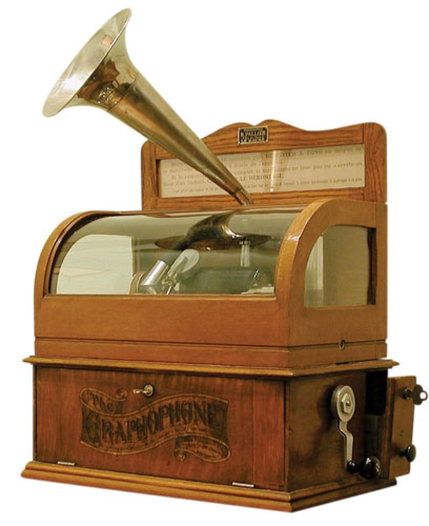 Fonograf z mechanizmem zabezpieczonym szybą.
