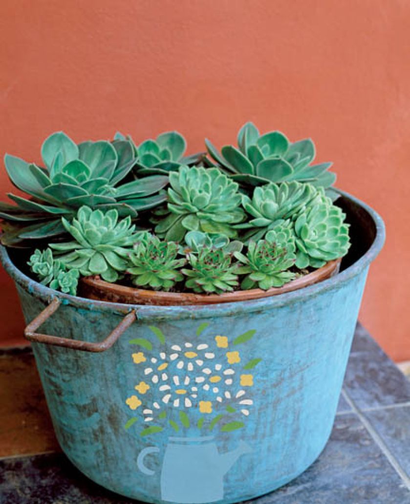 Stara blaszana miska - wystarczyło ją pomalować, żeby zmienila się w dekoracyjnę osłone na donicę.