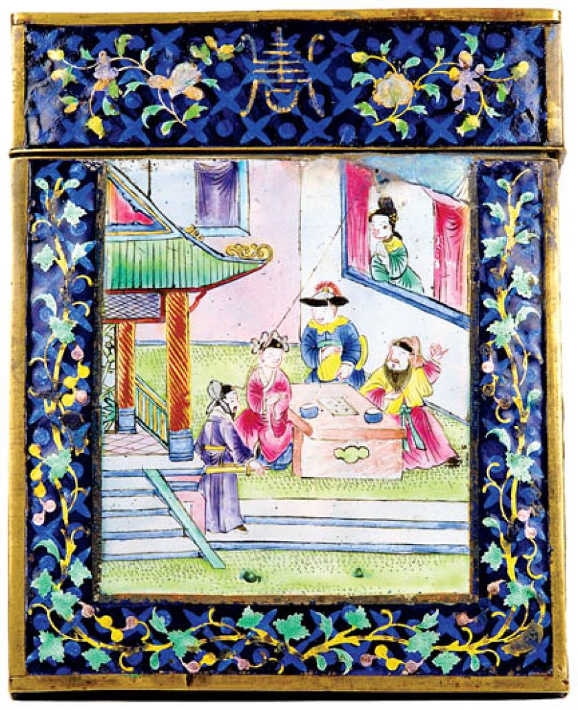 Wizytownik. Malowana porcelana (na obu stronach), oprawiona w brąz. Motywy spotykane na chińskich talerzach, ale