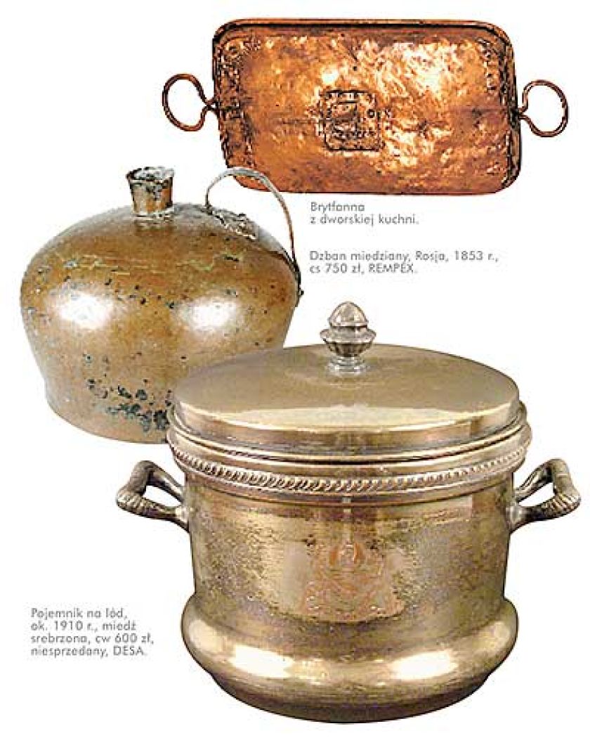 Brytfanna z dworskiej kuchni. Dzban miedziany, Rosja, 1853 r., cs 750 zł, Rempex. Pojemnik na lód, ok. 1910 r.,