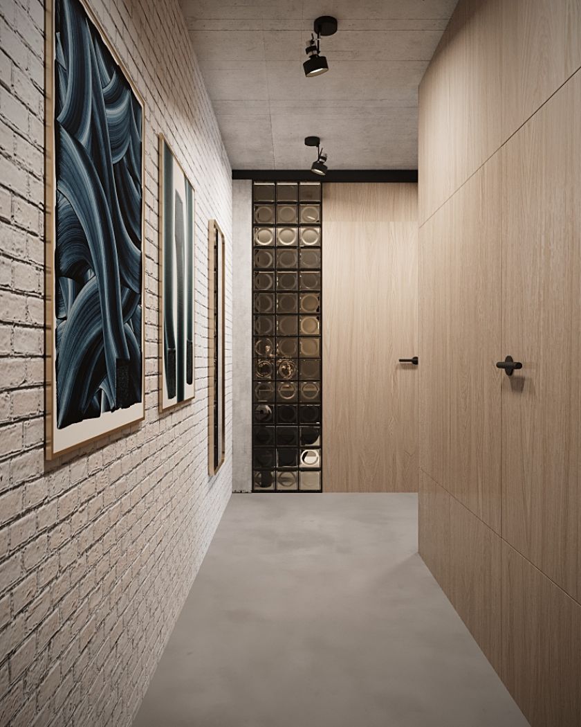 przedpokój hol ze ścianą z luksferów