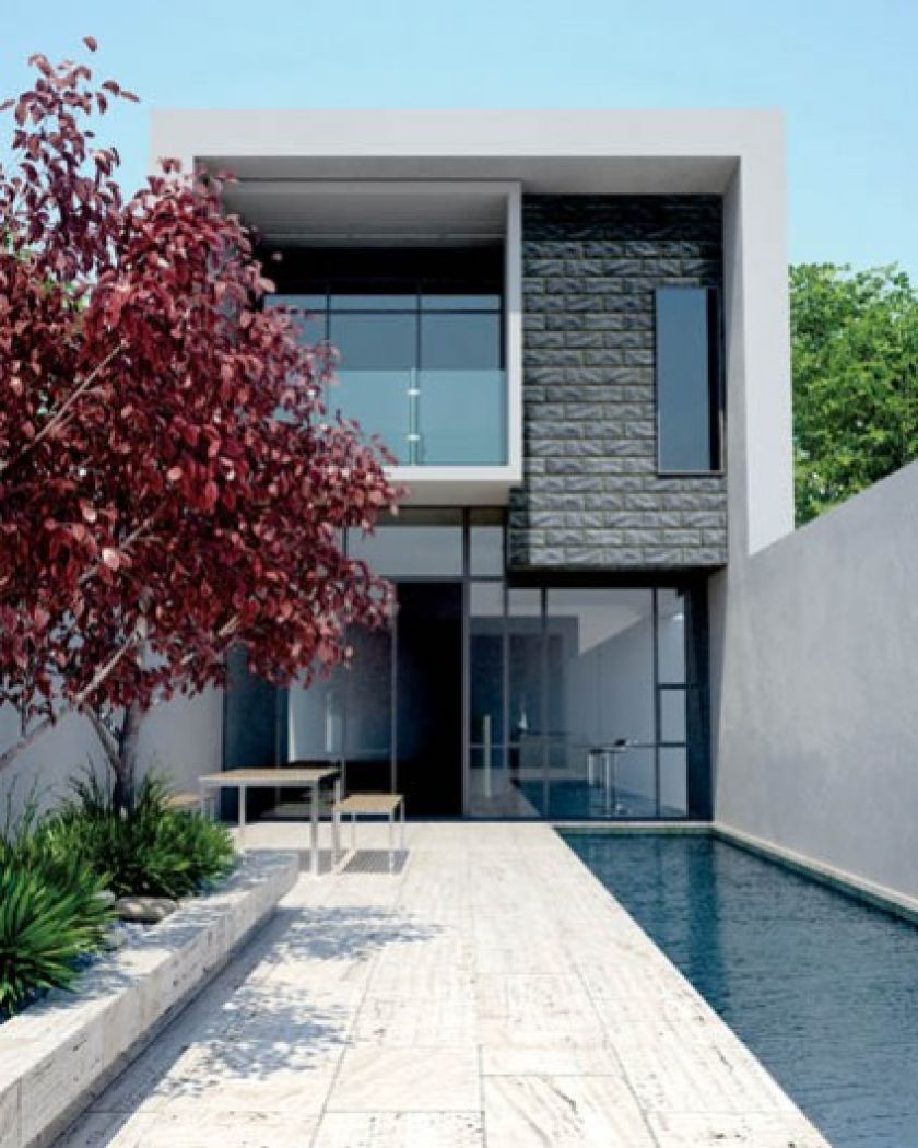 Modne połączenie: woda i szkło. Na elewacji domu kamień Campana imitujący boniowanie. STONE MASTER