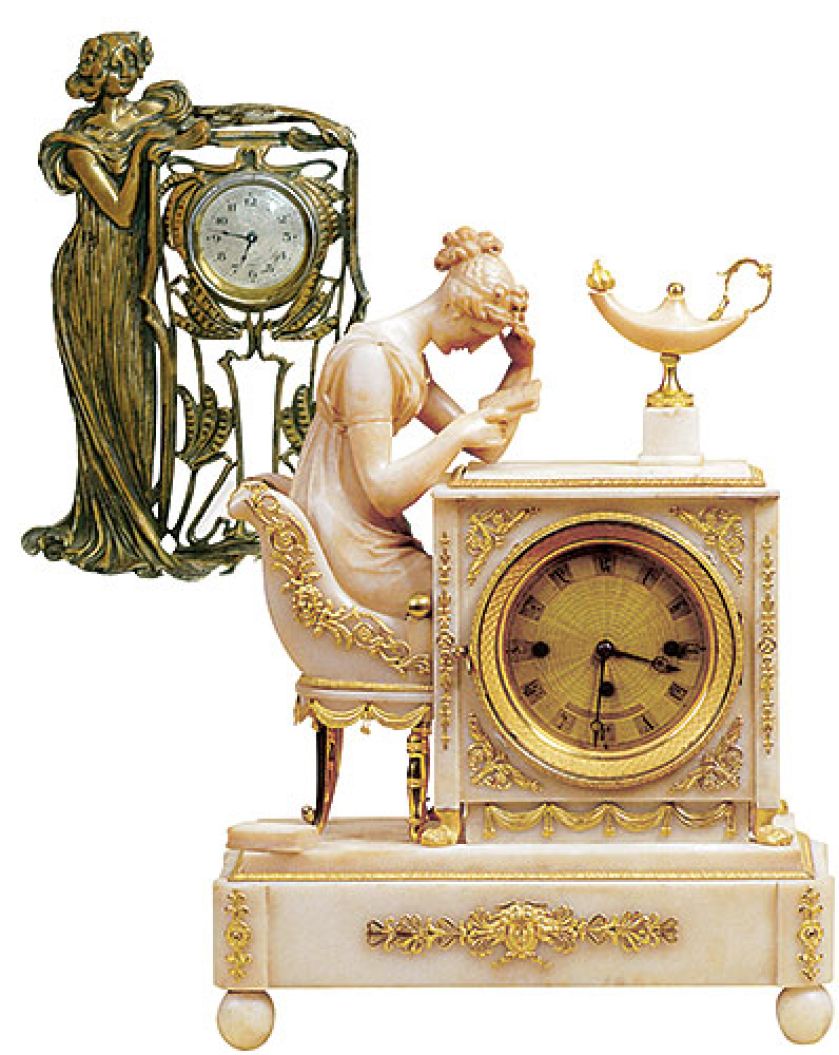 Zegar stojący w secesyjnej stylizowanej obudowie estymacja 2250-2750 zł, Rempex. Alabastrowy zegar kominkowy, Francja,