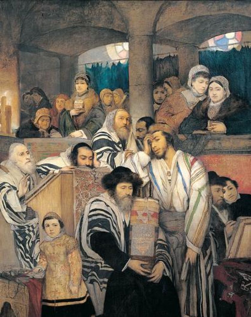Maurycy Gottlieb Żydzi modlący się w synagodze w Jom Kippur , 1878 r., Muzeum Sztuki w Tel Awiwie