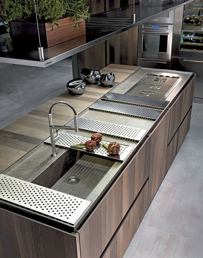 SCAVA, na część blatu lite drewno dębowe, na zlewie przesuwne, stalowe tace ociekacze, BINOVA, kari-mobili.pl