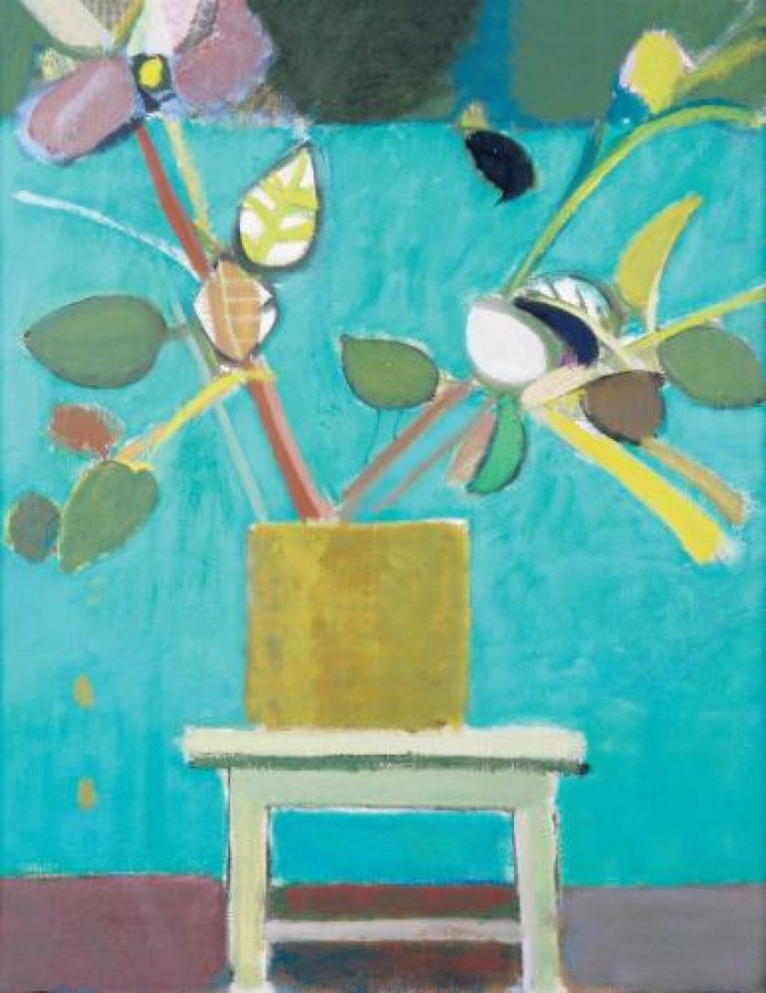 Artur Nacht-Samborski- Donica z gałązkami i liśćmi na zielonym tle , 1974 r., Galeria Arsenał w Poznaniu