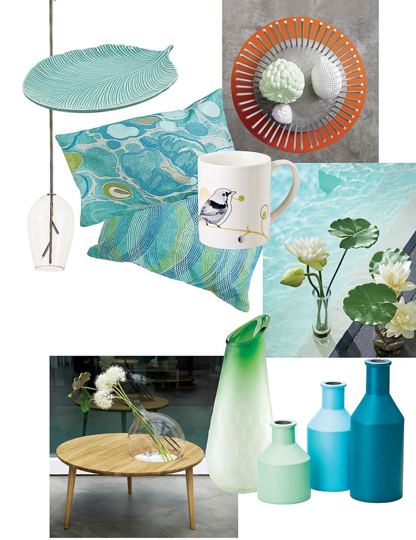 Lampa na gałązce, patera, poduszki, stolik z wazonem, sztuczne nenufary (Sia), Kubek, wazon Green Garden,