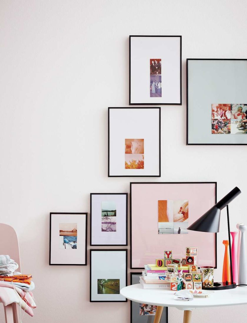 Pomysłowa galeria na ścianie – różne zdjęcia, ale jednakowe ramki