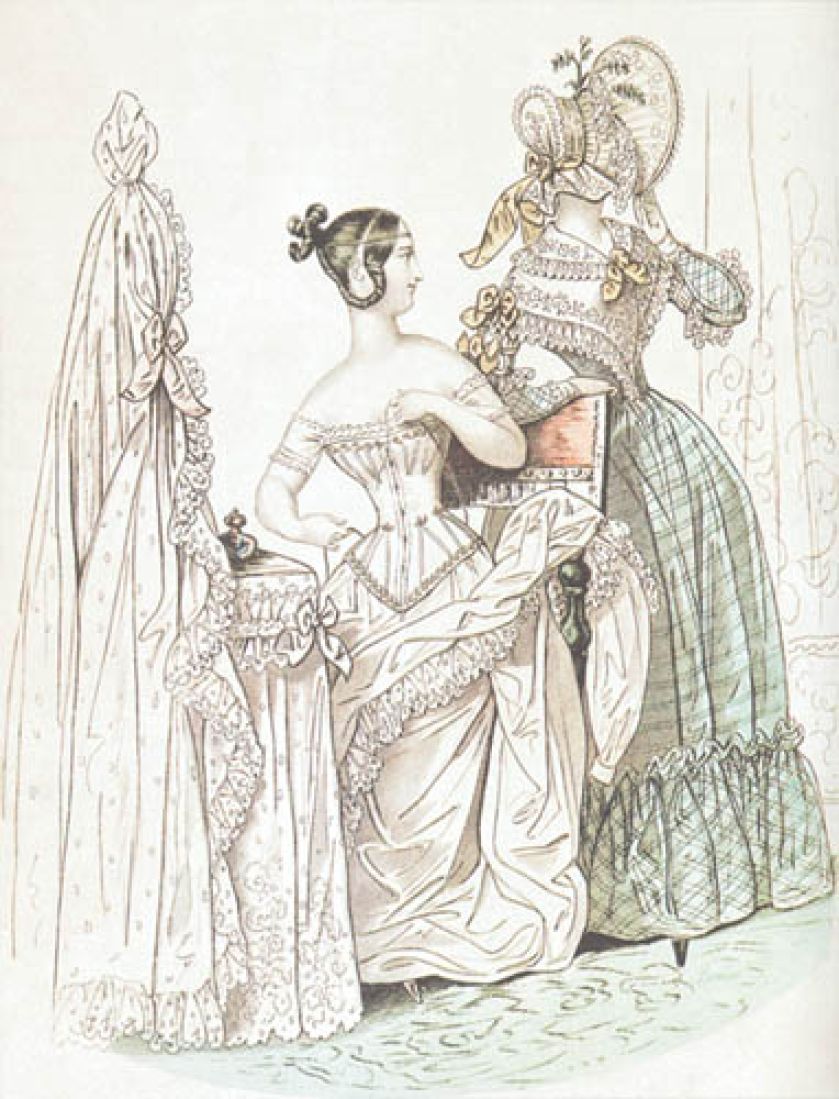 Dama w gorsecie, rycina do Le Petit Courrier des dames , 1837 r., nowy typ gorsetu z 2. dekady XIX