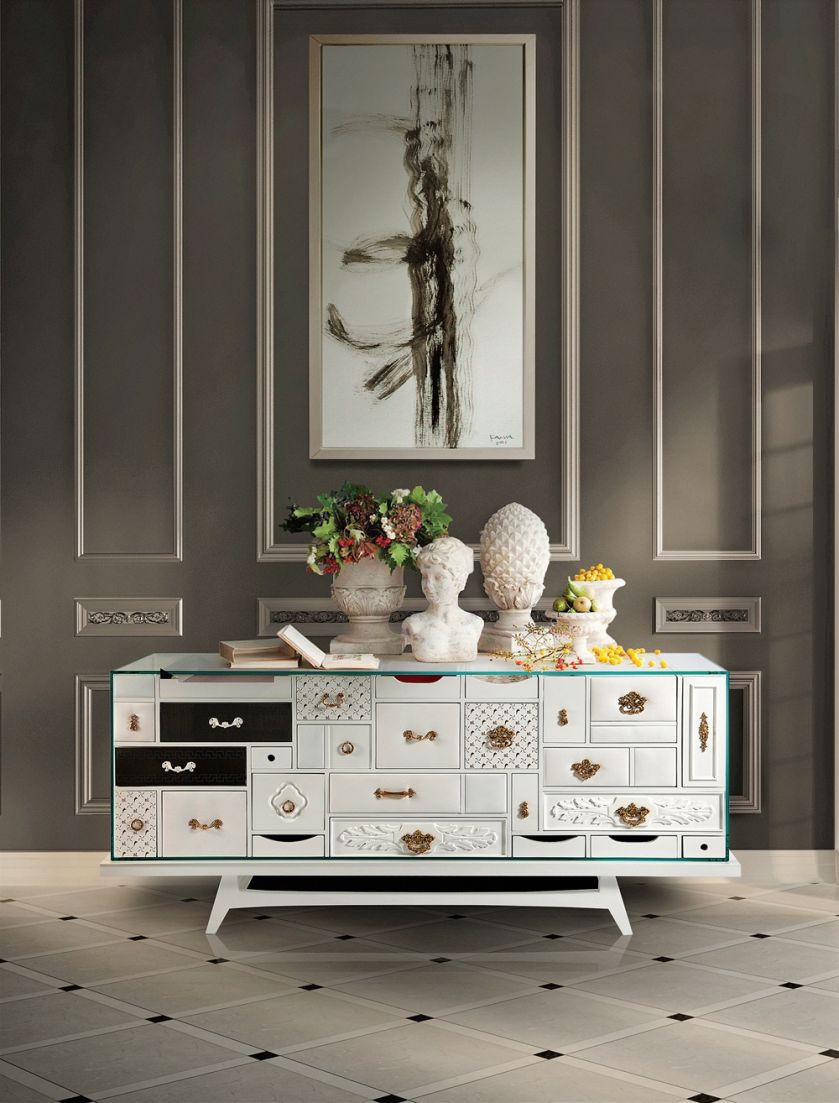 MONDRIAN, z mahoniu, zdobne szuflady wykończono na wysoki połysk, uchwyty – polerowany mosiądz, BOCA DO LOBO, bocadolobo.com