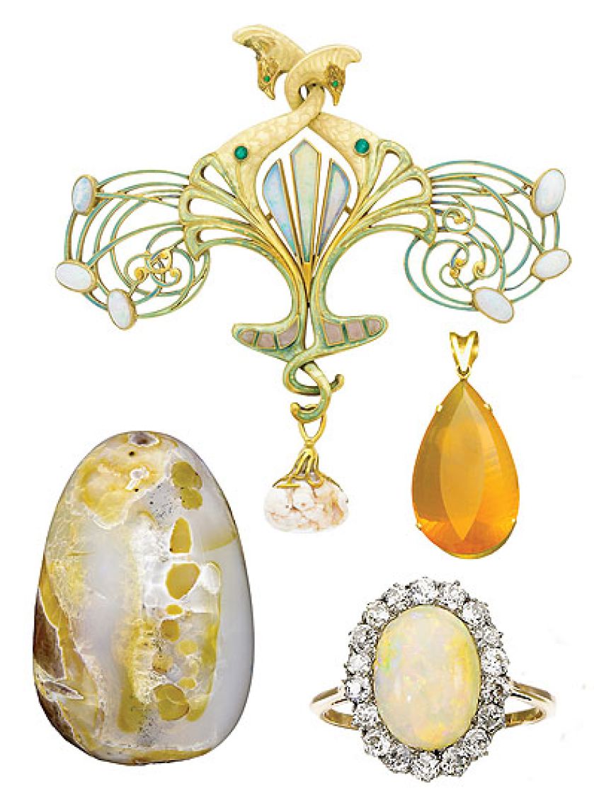 Od góry: broszka w kształcie splecionych pawi: opal, perły i złoto, projekt George Fouquet, 1900