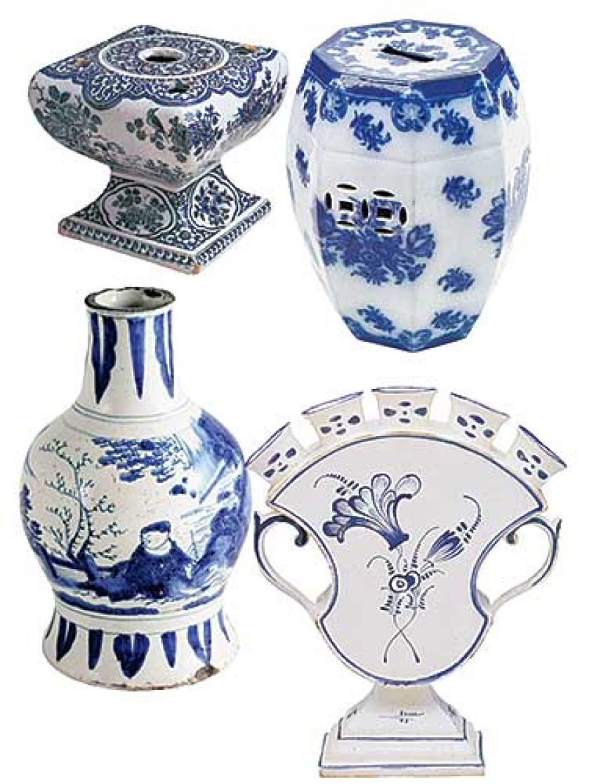 Wazon na tulipany w kształcie poduszki, Delft, Holandia, ok. 1690 r. Stołek ogrodowy, Anglia, ok. 1850 r.