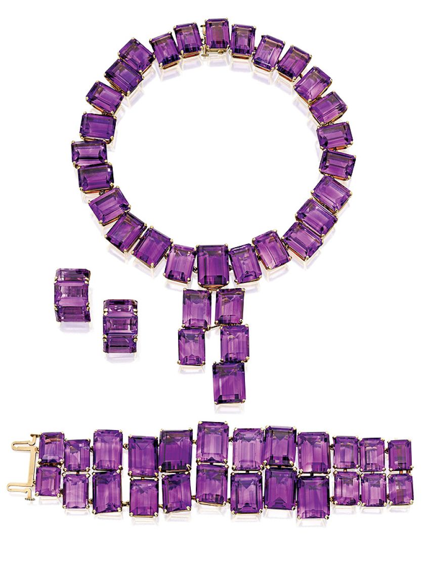 Biżuteria z 18-karatowego złota i ametystów zaprojektowana przez Williama Rusera dla Joan Crawford, 1940 r., www.sothebys.com