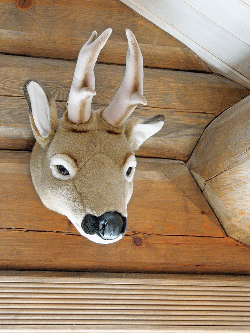 Dekoracyjne trofea zrobione ze sztucznego futra.