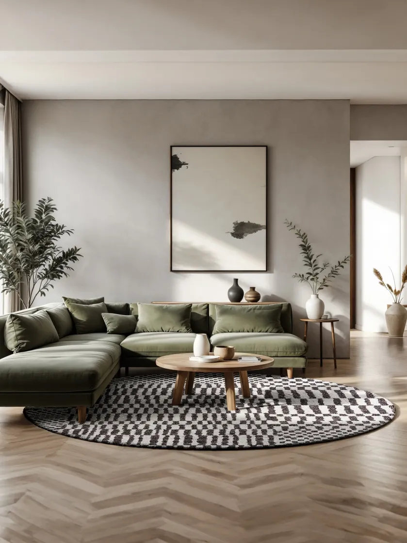 okrągły dywan w salonie