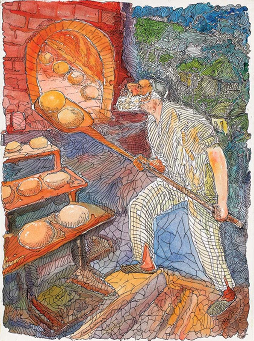 Piekarz, akwarela i tusz. Chaim z Kazimierza