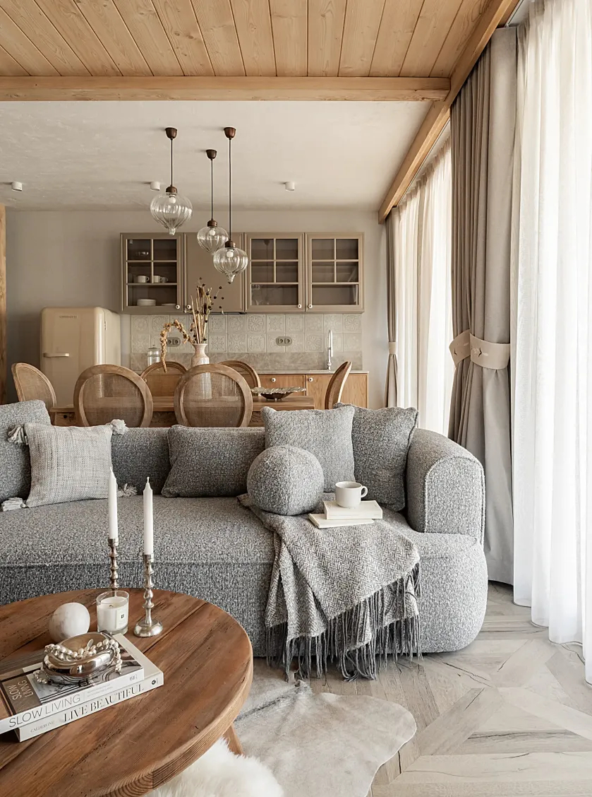 przytulne górskie wnętrze z kominkiem