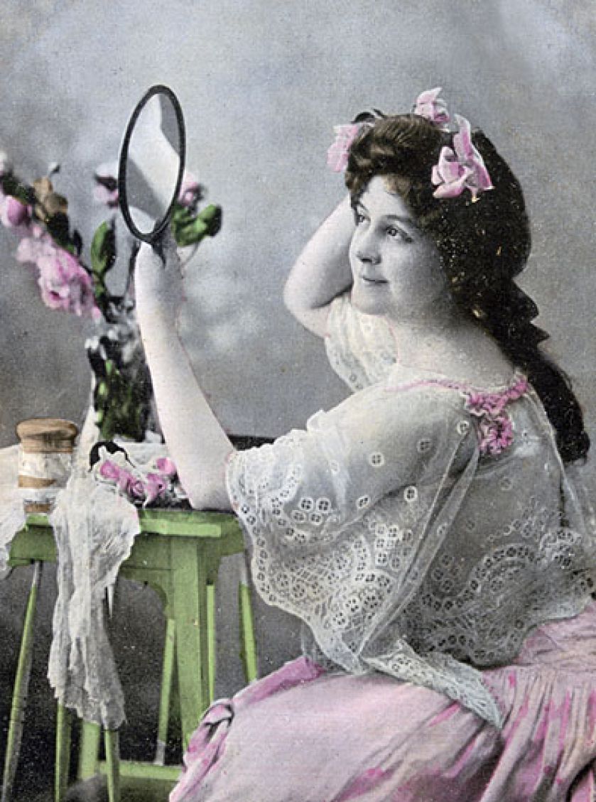 Francuska pocztówka, 1900 r. Opakowania kosmetyków