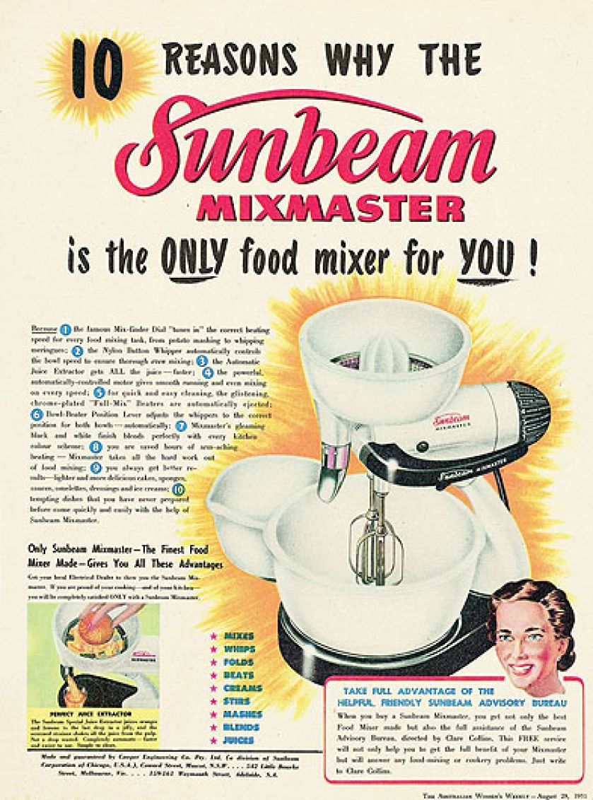 Reklama MixMaster firmy Sunbeam, z sierpniowego wydania The Australian Women’s Weekly w 1951 r. The