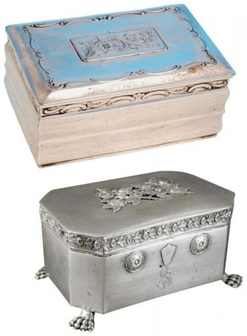 Cukiernica skrzynkowa, warsztat nieokreślony, Rosja, XIX/XX w., Muzeum Południowego Podlasia. Cukiernica empirowa, srebrna,