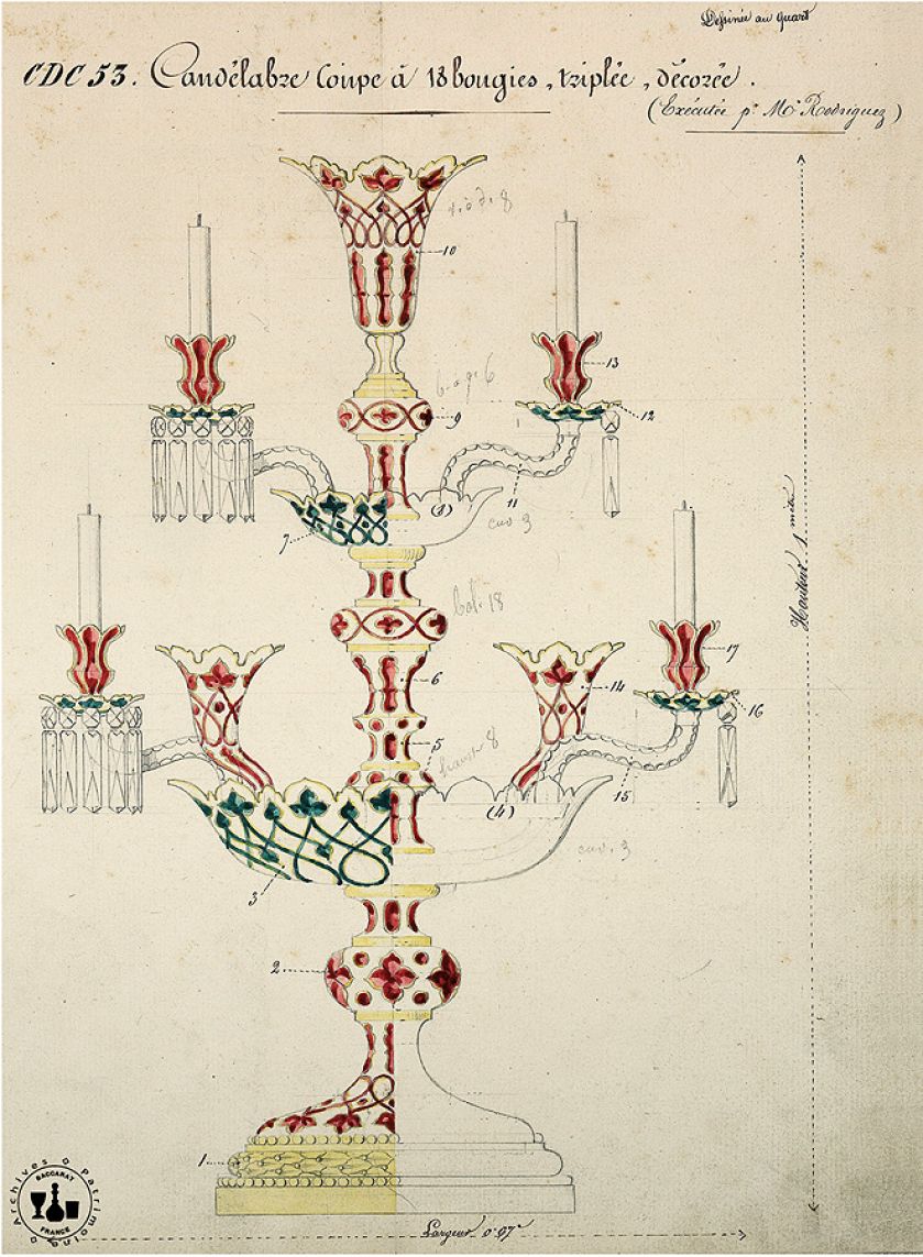 Archiwalny rysunek kandelabra Coupe z czerwonegi i szmaragdowego kryształu.