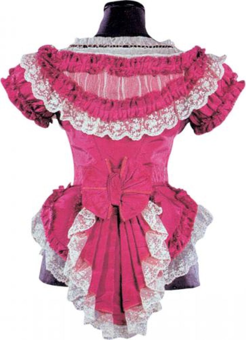 Stanik sukni balowej przyozdobiony kokardą, z 1875 r., przykład charakterystycznego dla mody tego okresu akcentowania