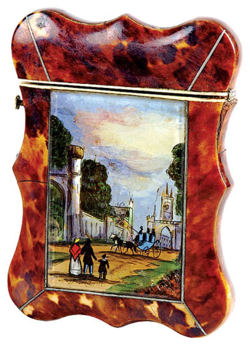 Angielski wizytownik ze skorupy żółwia dekorowany tak zwanym gem painting (ukryte malowanie, pod szkłem), około