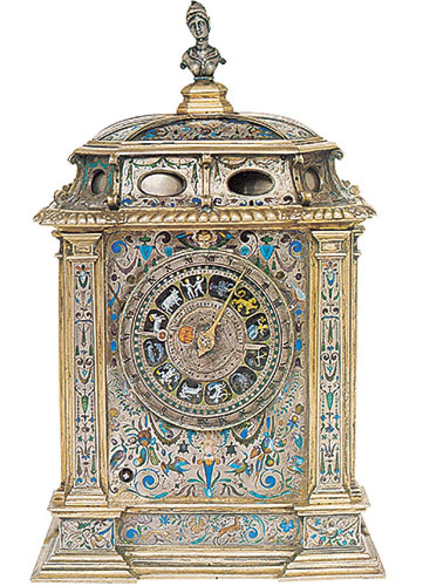 Zegar stołowy zdobiony emalią, srebro, złocenia, Augsburg, 1600 r., Muzeum Historii Sztuki w Wiedniu.