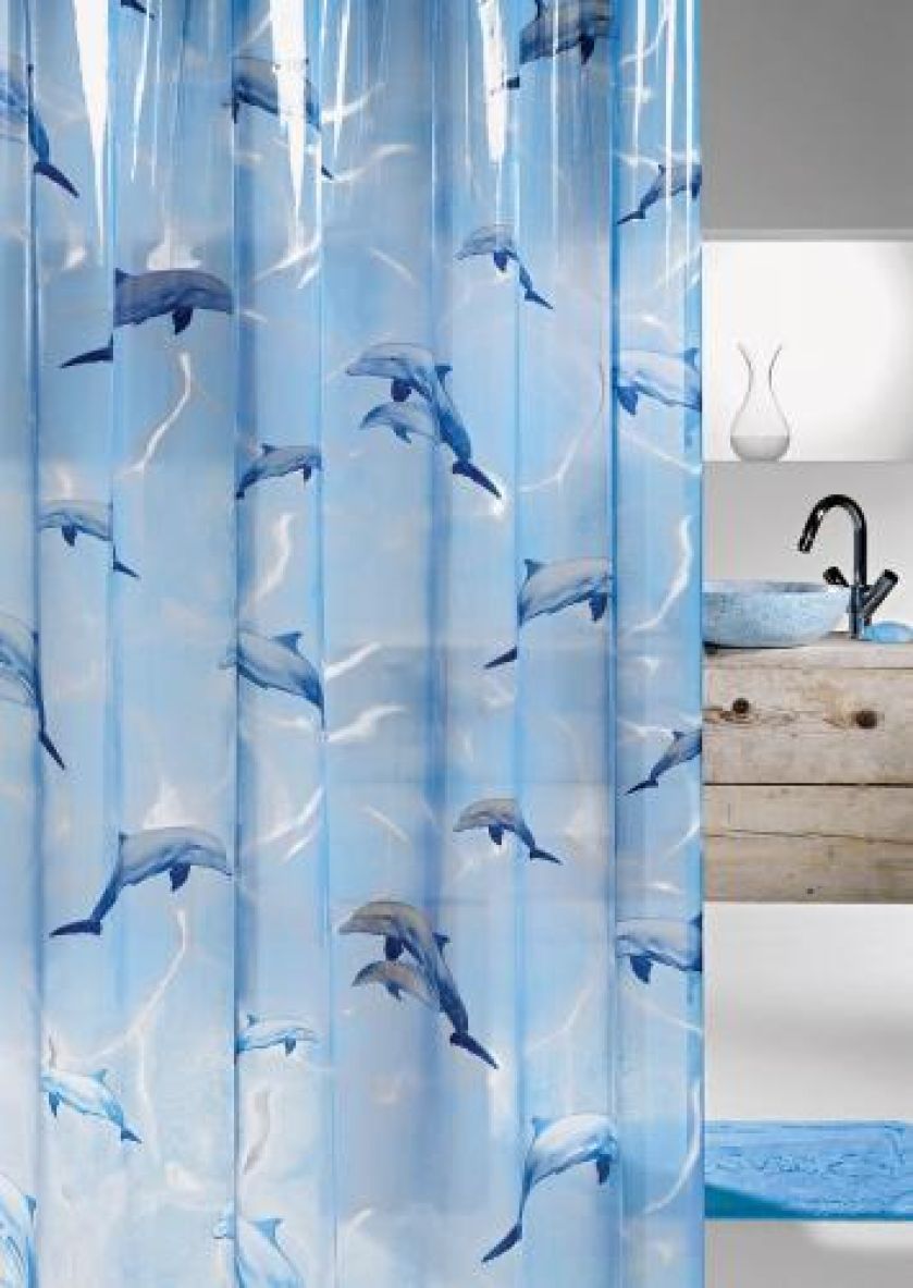 Winylowa zasłona prysznicowa Delfino (45 zł). CORAM POLAND