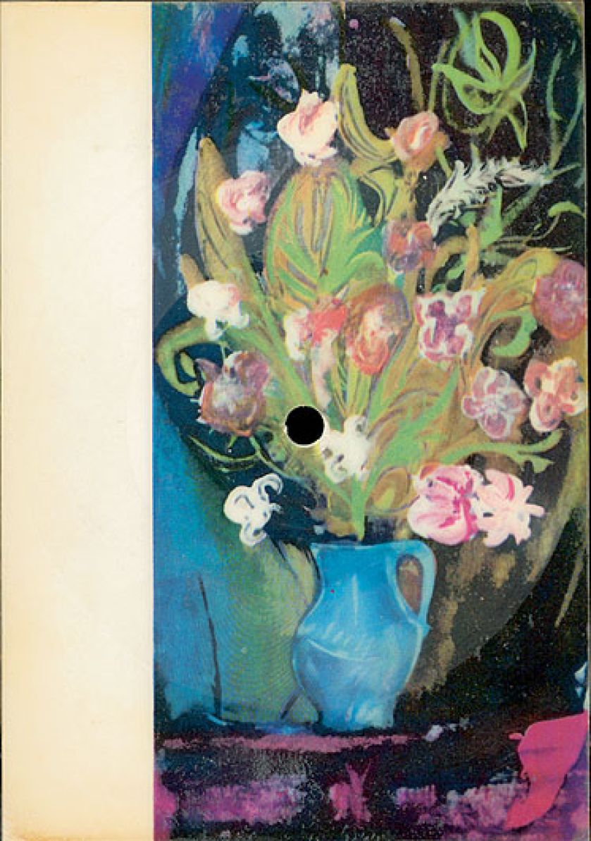 Reprodukcja dzbanka z kwiatami autorstwa Haliny Matuszewskiej ciekawe zapiski na odwrocie : Hanko – śpiewa