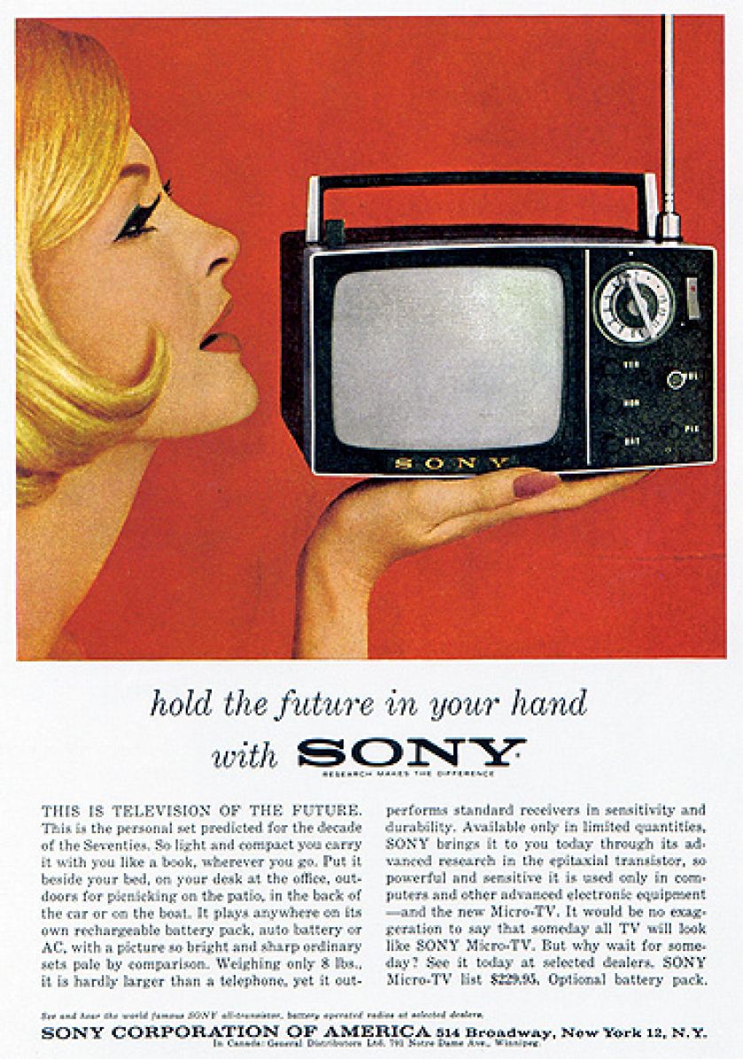 Sony Micro TV. Reklama telewizora zamieszczona w Playboyu z 1962 rok.