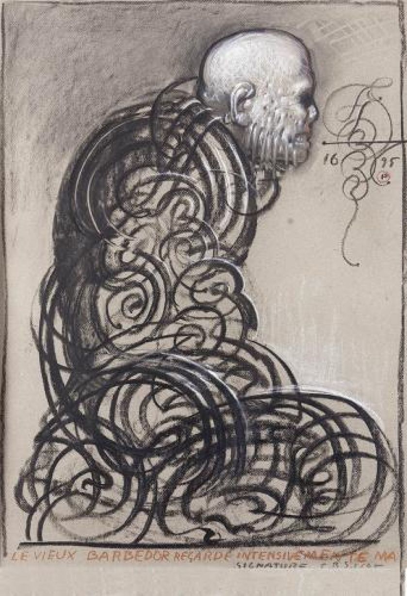 Franciszek Starowieyski Stary brodacz wpatruje się intensywnie w moją sygnaturę , 1995 r., cs 21 000 zł, DESA UNICUM