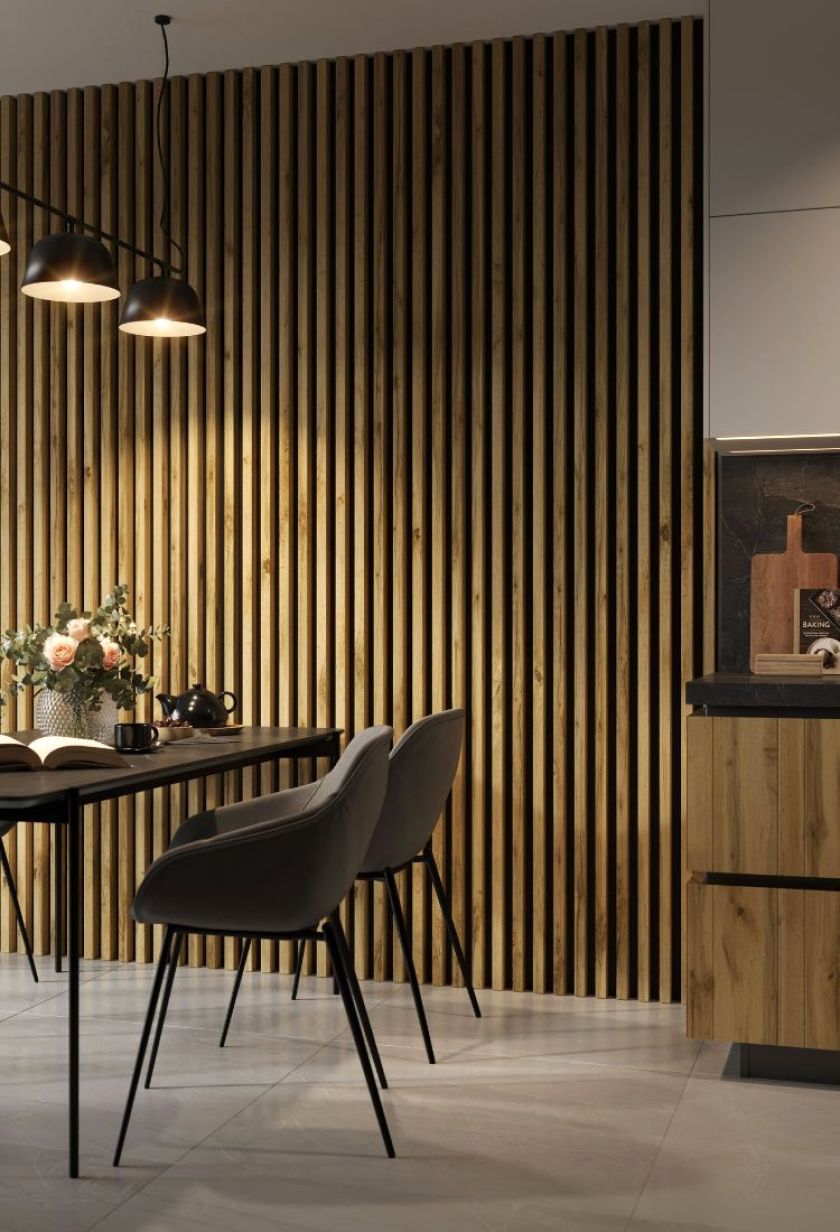 lamele na ścianie w kuchni