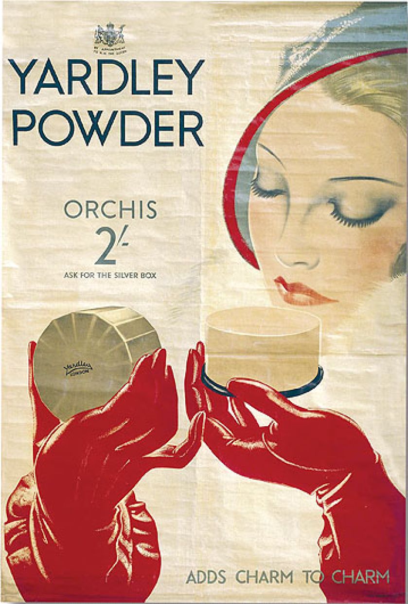 Plakat reklamujący puder Yardley. Opakowania kosmetyków