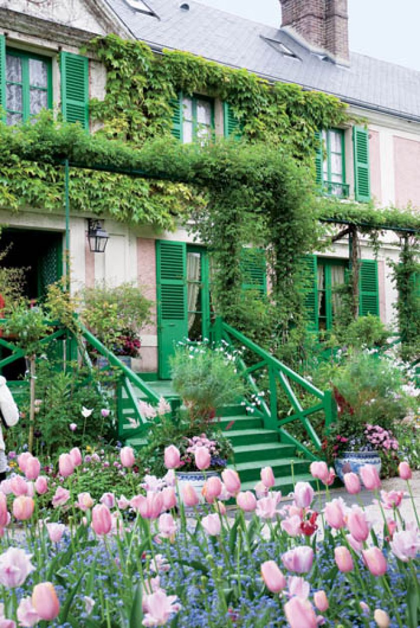 Różowe tulipany nawiązują do koloru elewacji.