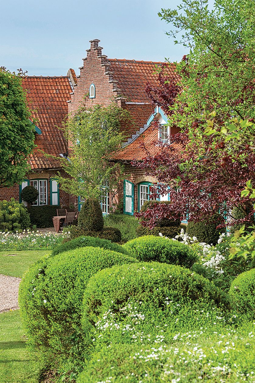 Dom schowany za bujną zielenią. Narcyzy w ogrodzie