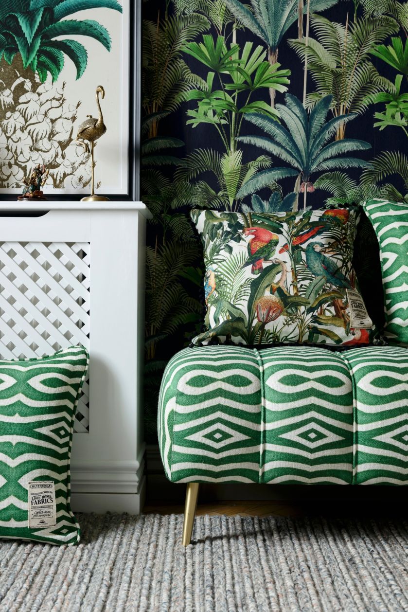 zielona tkanina Vintage Linen Tropical Palmeras, Mindthegap, www.mindtheg.com
