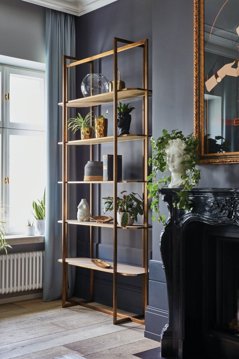 ciemne kolory ścian i złote dodatki w salonie