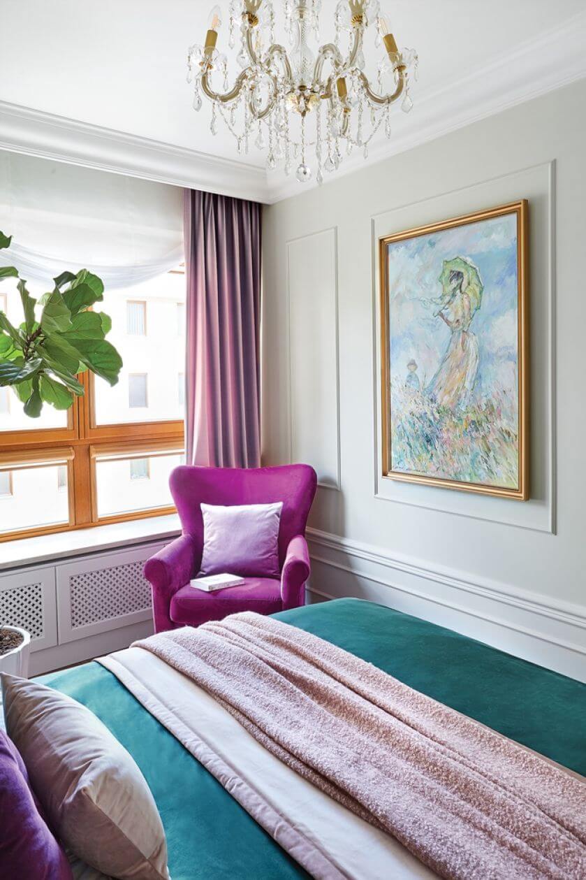 sypialnia butelkowa zieleń fiolet i pudrowy róż